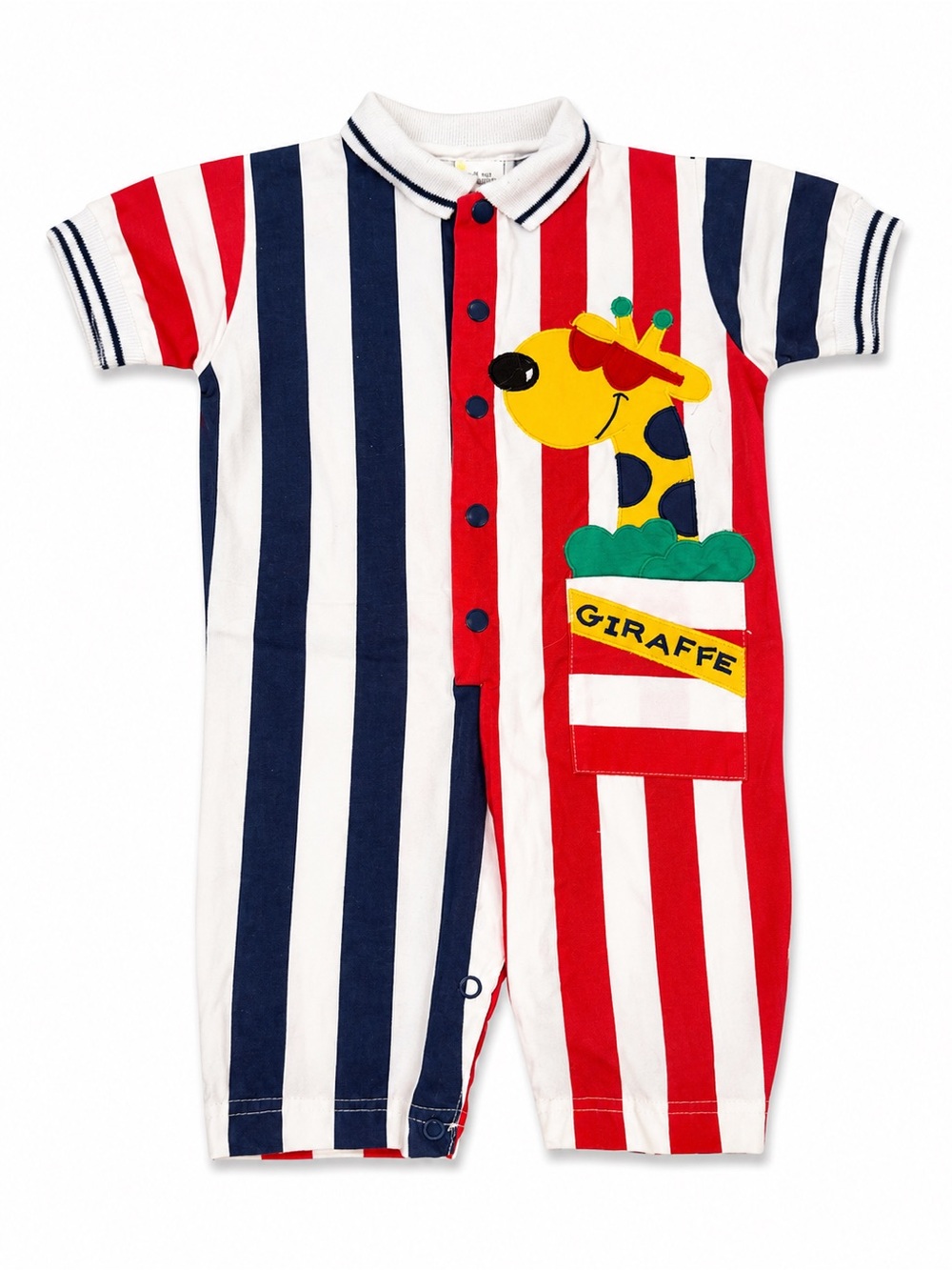 Vintage 90s Baby Giraffe Appliqué Striped Romper 3-6 Months Red White Blue